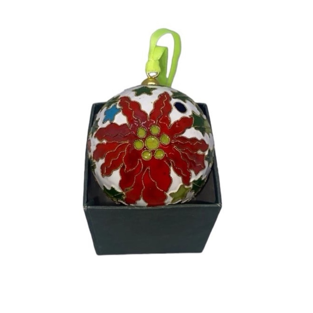 VTG Cloisonné  Poinsettia Christmas Tree Ornament Ball Enameled Art  3"